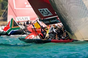 Winless through 3 races, Team Shosholoza scored its only point of Round Robin 1 with a stunning victory over Alinghi.
