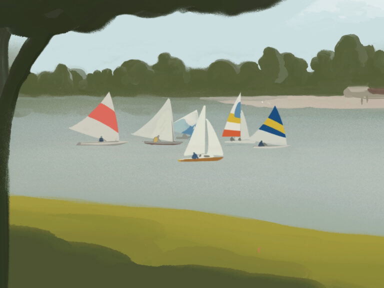 Illustration of sailboats on a lake