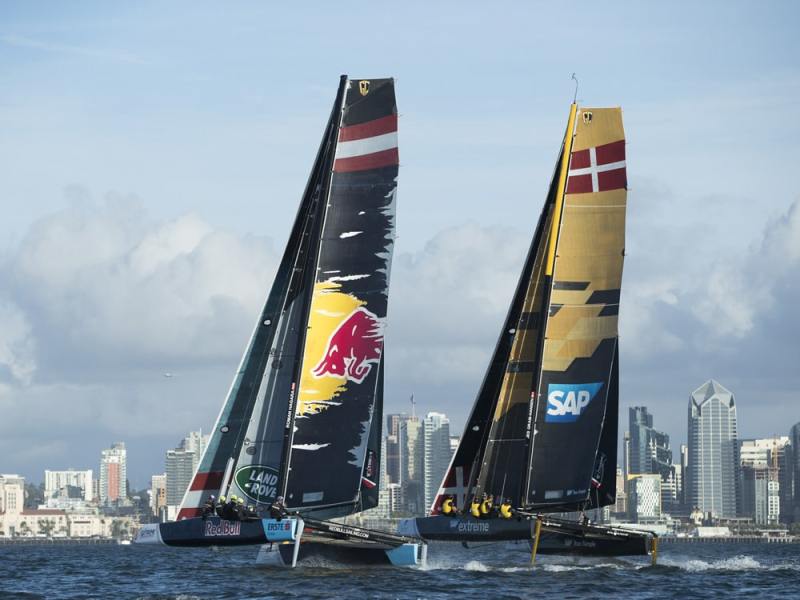 The Extreme Sailing Series 2017. Act 8. 19th - 22nd October 2017. San Diego, California, USA.'Red Bull Sailing Team' shown here in action close to the city during racing. Skippered by Roman Hagara (AUT) with team mates Hans Peter Steinacher (AUT), Stewart Dodson (NZL), Adam Piggott (GBR) and