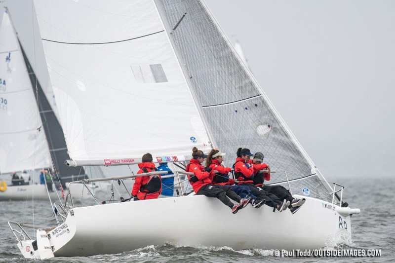One of two junior crews enjoy fresh winds on Chesapeake Bay on the first day of racing 2019 Helly Hansen NOOD Regatta in Annapolis.