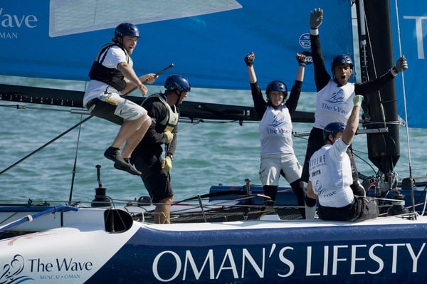 Skipper of The Wave, Muscat Leigh McMillan leaps for joy