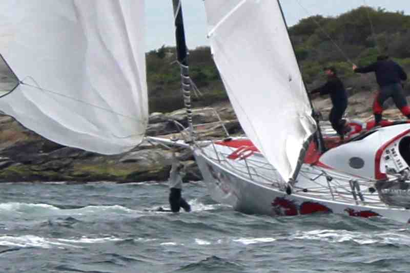 Dragon crewmember Emma Creighton, who was on the boat's bowsprit when Dragon ran aground off of Beavertail Light, managed to hold onto the boat and be quickly brought back on board.