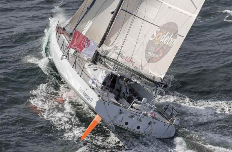 Sailing aerial images of the IMOCA boat Great American IV, skipper Rich Wilson (US), during training solo for the Vendee Globe 2016, off Les Sables d'Olonne, on October 4, 2016 - Photo Olivier Blanchet / DPPI