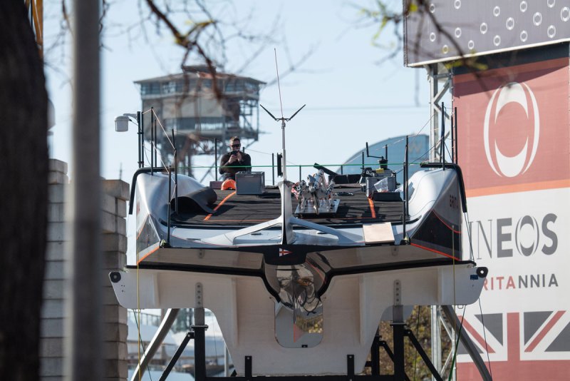 An aft view of the British team's AC75s shows the deep "tunnel" between offside crew pods.