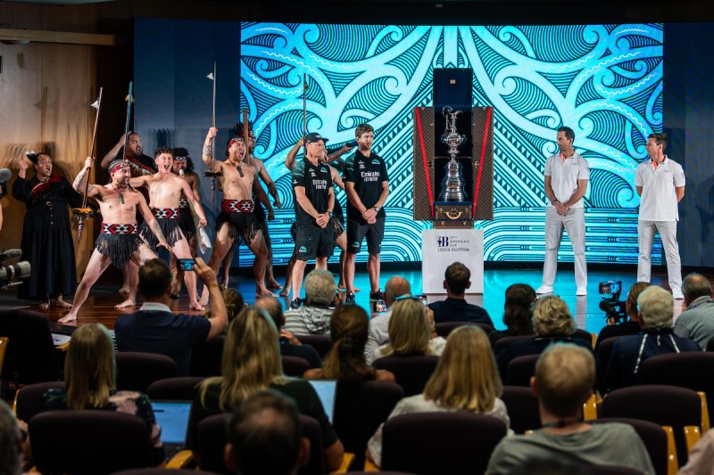 37th America’s Cup – Louis Vuitton 37th America’s Cup – Press Conference Emirates Team New Zealand and INEOS Britannia skippers get a ceremonial Haka as the Louis Vuitton 37th America's Cup press conference gets underway.