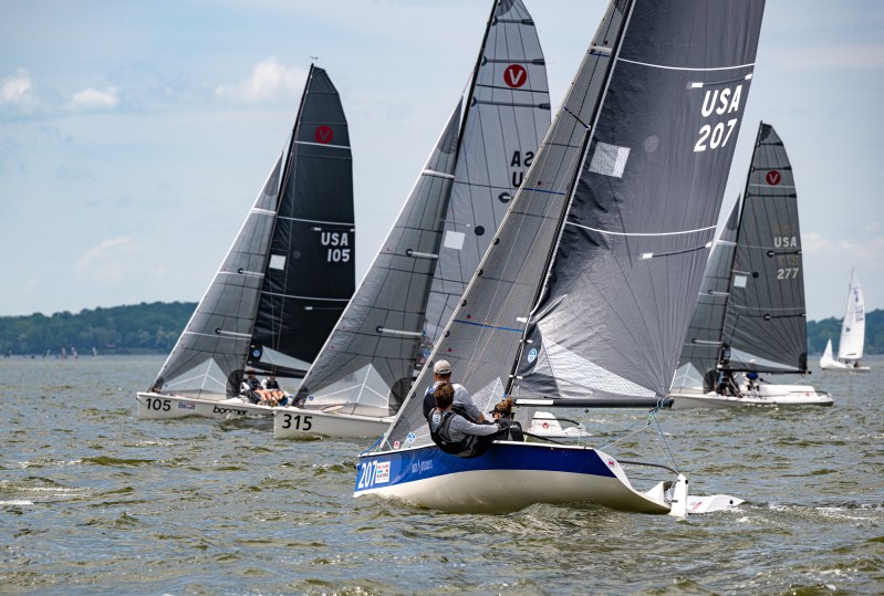 Viper 640 class sailors race in Annapolis at the 2025 Helly Hansen Sailing World Regatta Series.