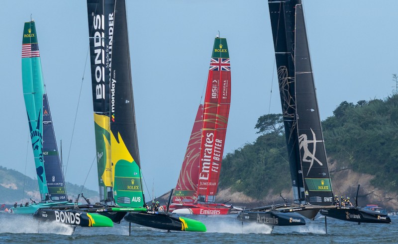 BONDS Flying Roos SailGP Team driven by Tom Slingsby ahead of Artemis SailGP Team driven by Nathan Outteridge, on Race Day 2 of the ENEL Rio Sail Grand Prix in Rio de Janeiro, Brazil.