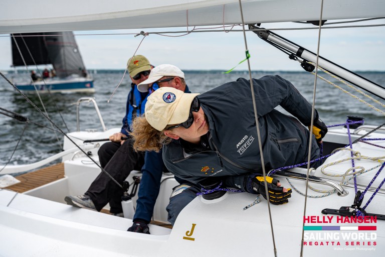 Marie Crump keeps the jib trimming active on the J/7 Blue J after the start of the PHRF distance race at the Helly Hansen Sailing World Regatta Series.
